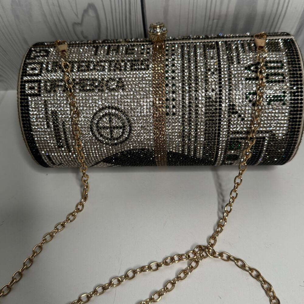 Money Roll Clutch Rhinestone Purse Handbag One Hundred